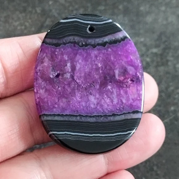 Purple and Black Oval Druzy Agate Pendant Gemstone - Picture 2 of 2